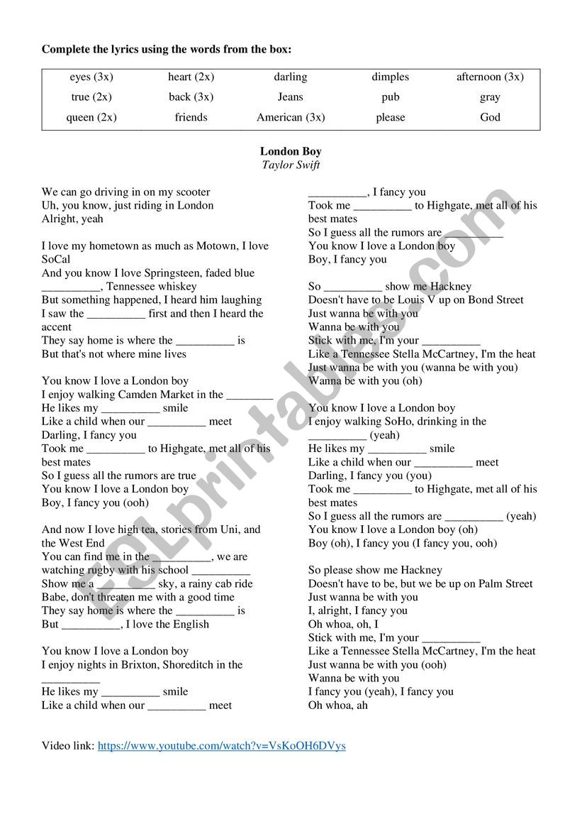 Listening Worksheet with London Boy (Taylor Swift) lyrics