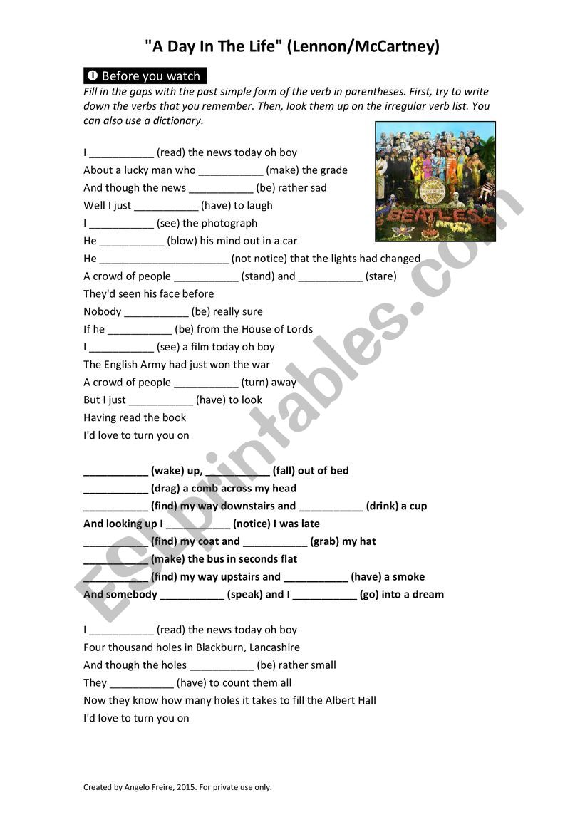 A Day In The Life-Past Simple worksheet