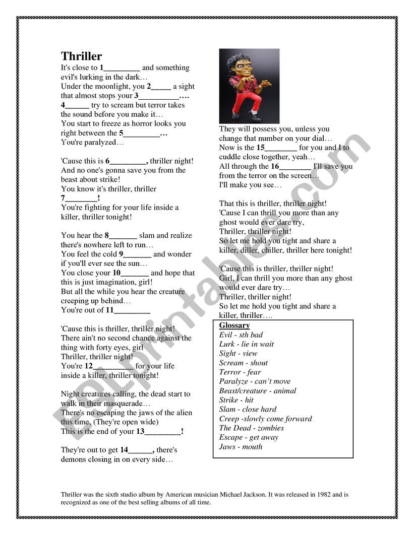 Thriller Michael Jackson worksheet