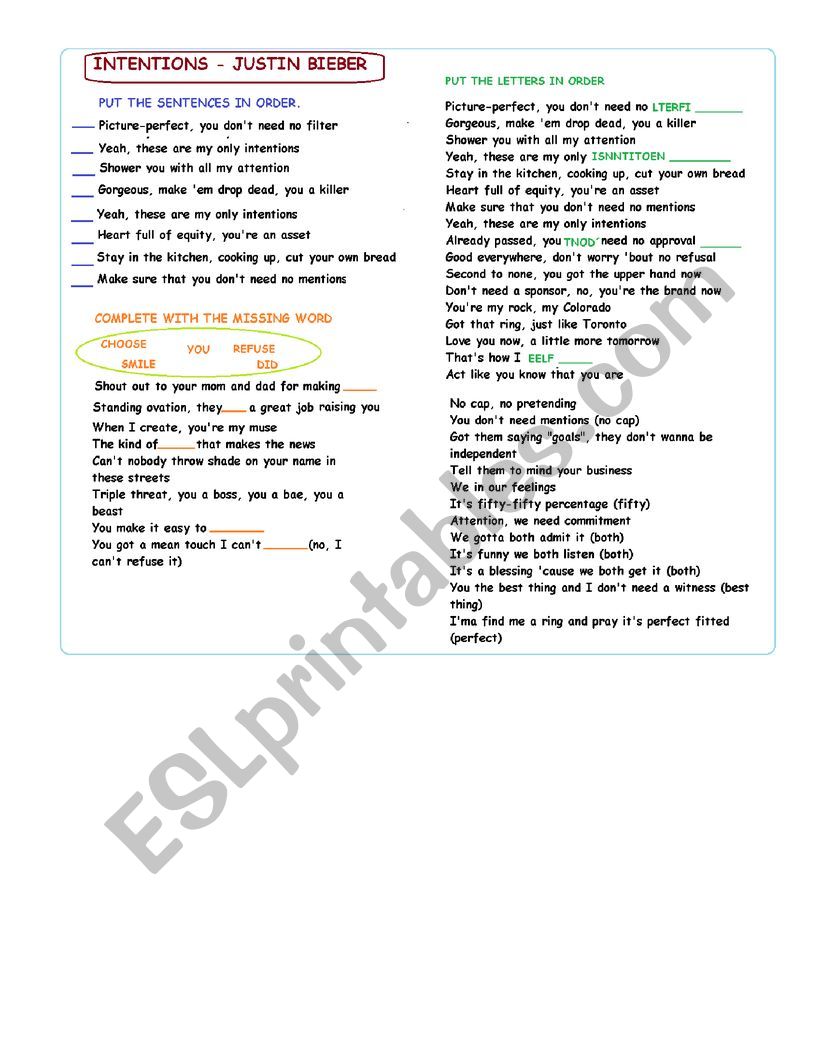 Lyrics worksheet - Intentions by Justin Beaver