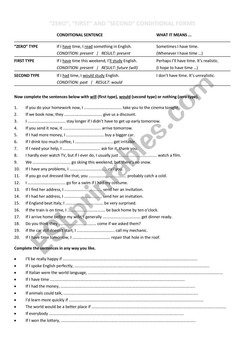 Conditionals types 1 & 2 worksheet