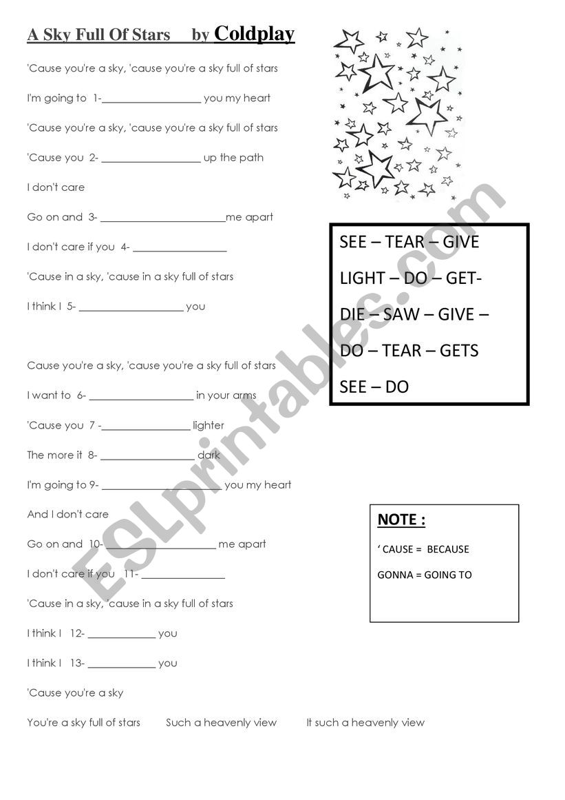 A sky full of stars by coldplay - ESL worksheet by ...