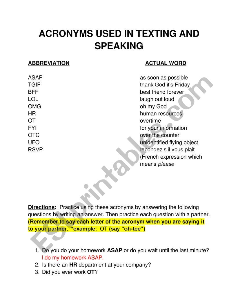Acronyms Used in Speaking and Texting