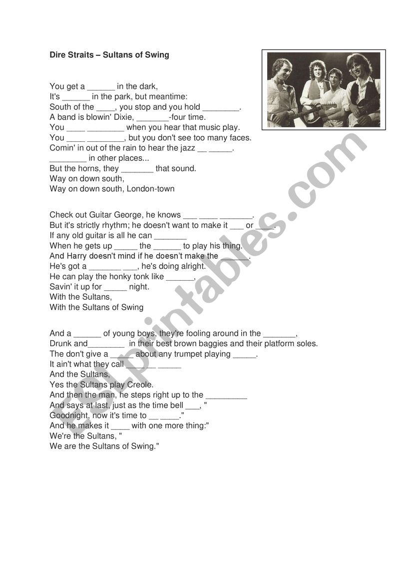 Dire Straits Sultans of Swing worksheet