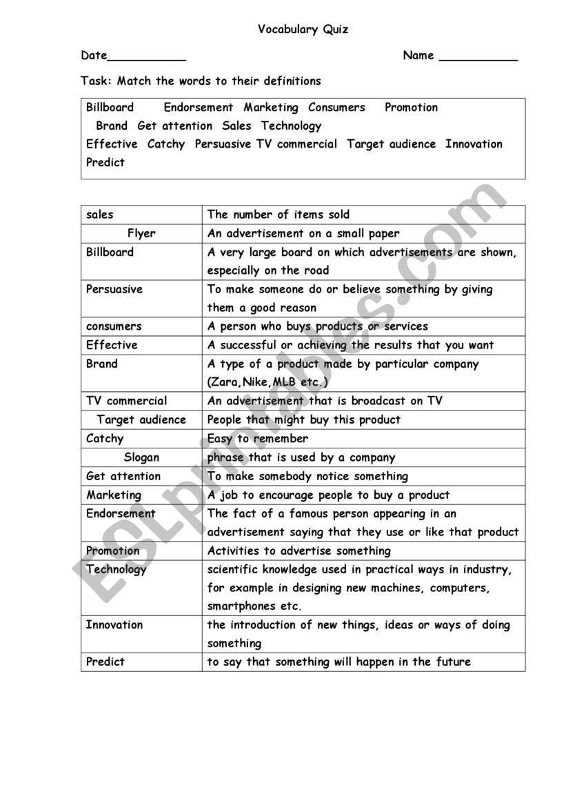 Advertising vocabulary quiz worksheet
