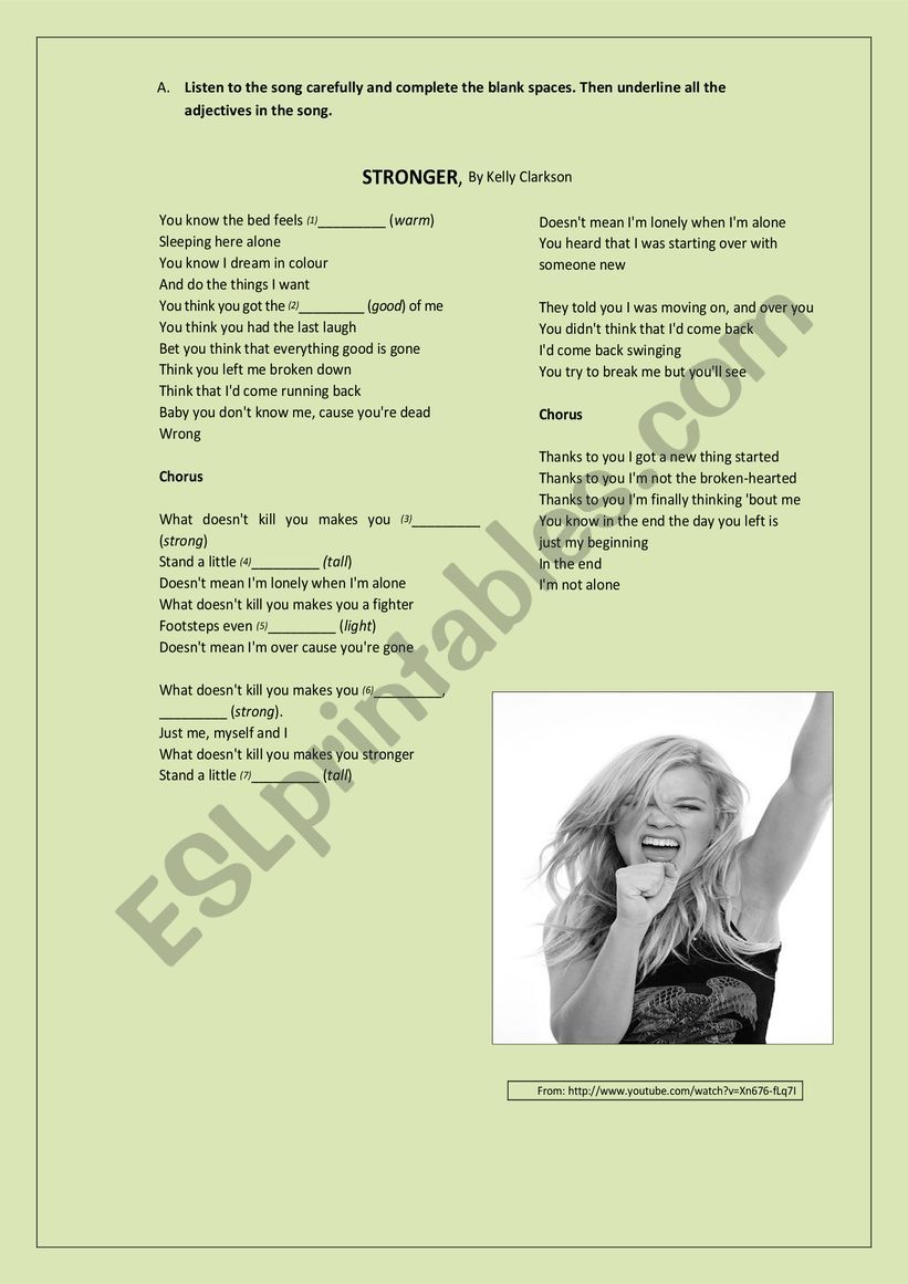  STRONGER, By Kelly Clarkson worksheet