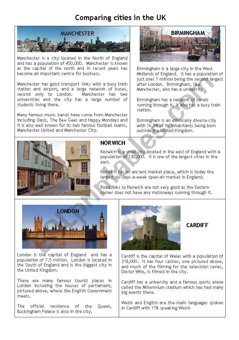 Comparing cities in the Uk worksheet