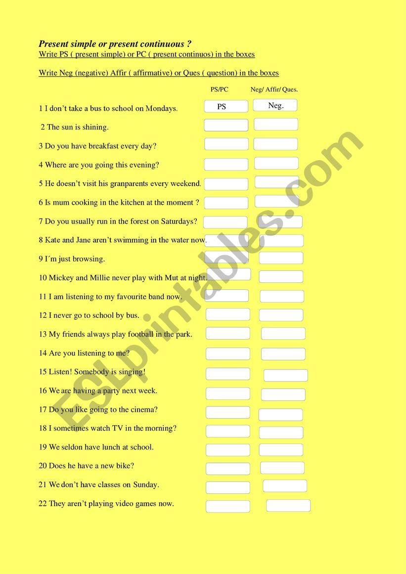 Present tenses worksheet