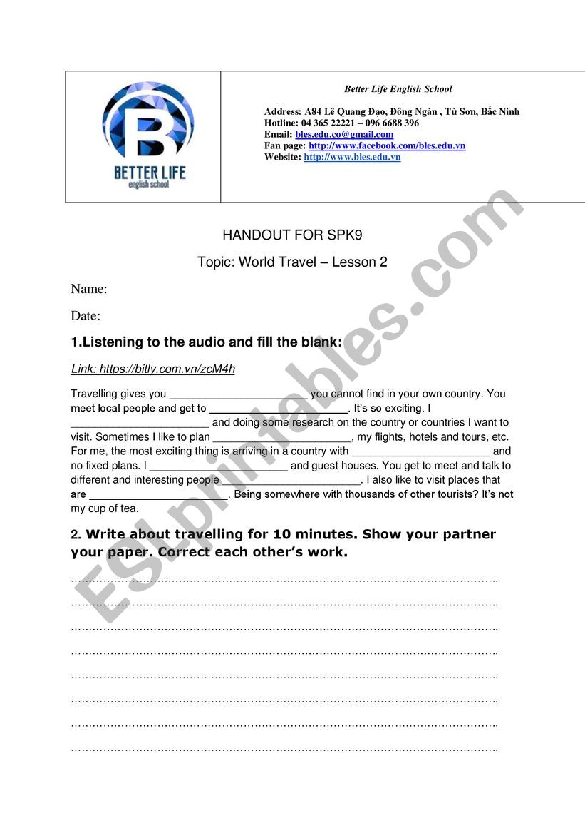 World travel experience worksheet