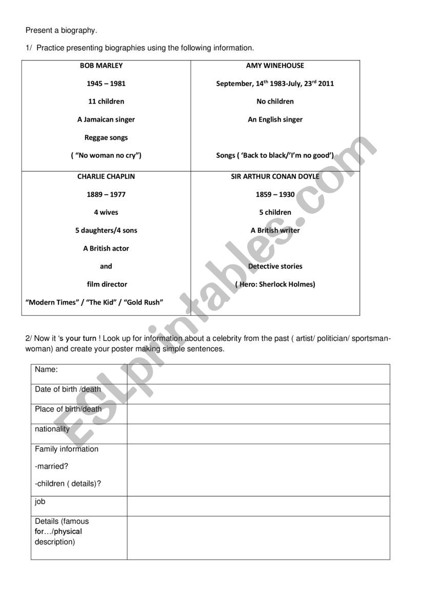present a biography worksheet