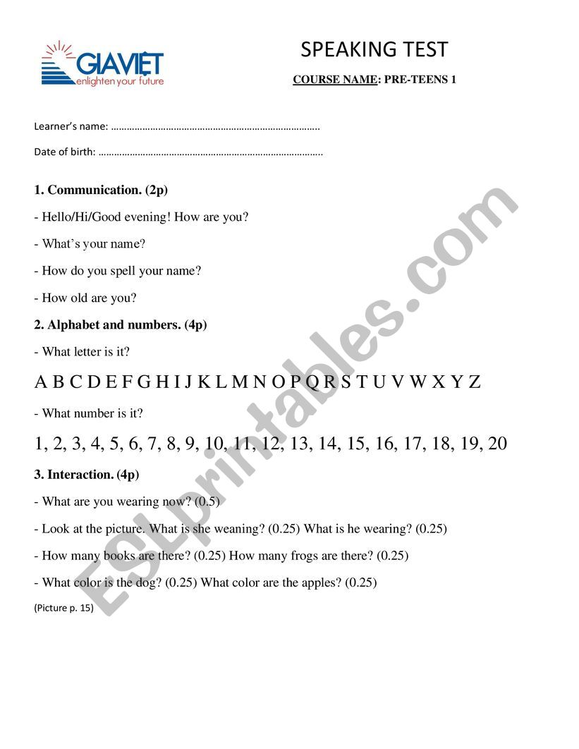 Speaking Test - PreeTeen worksheet