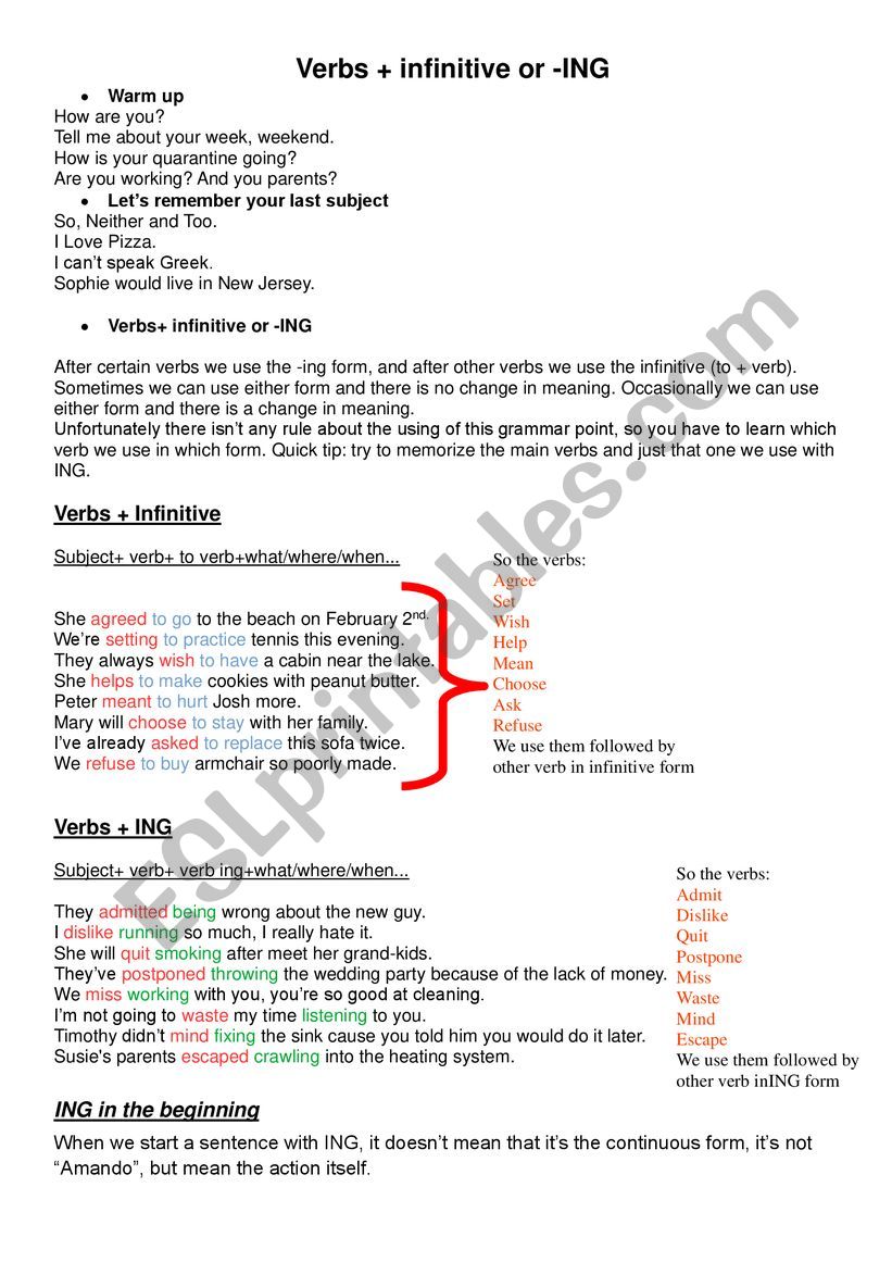Verb Ing or infinitive worksheet