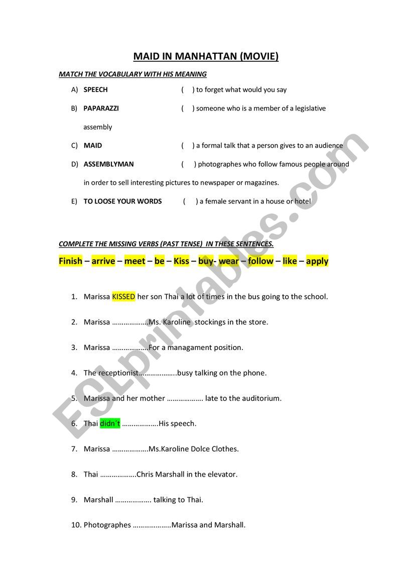 MAID IN MANHATTAN (MOVIE) worksheet