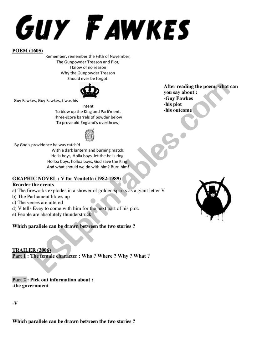 Guy Fawkes vs V for Vendetta worksheet