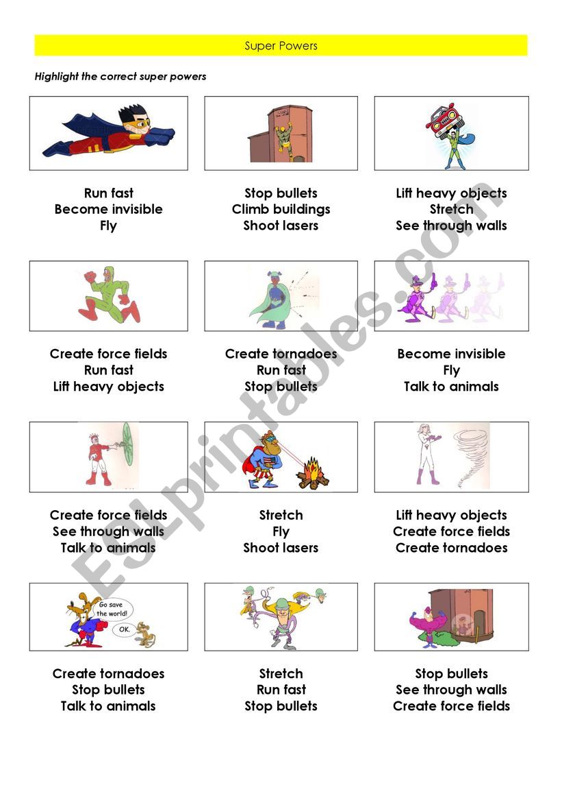 Super powers worksheet