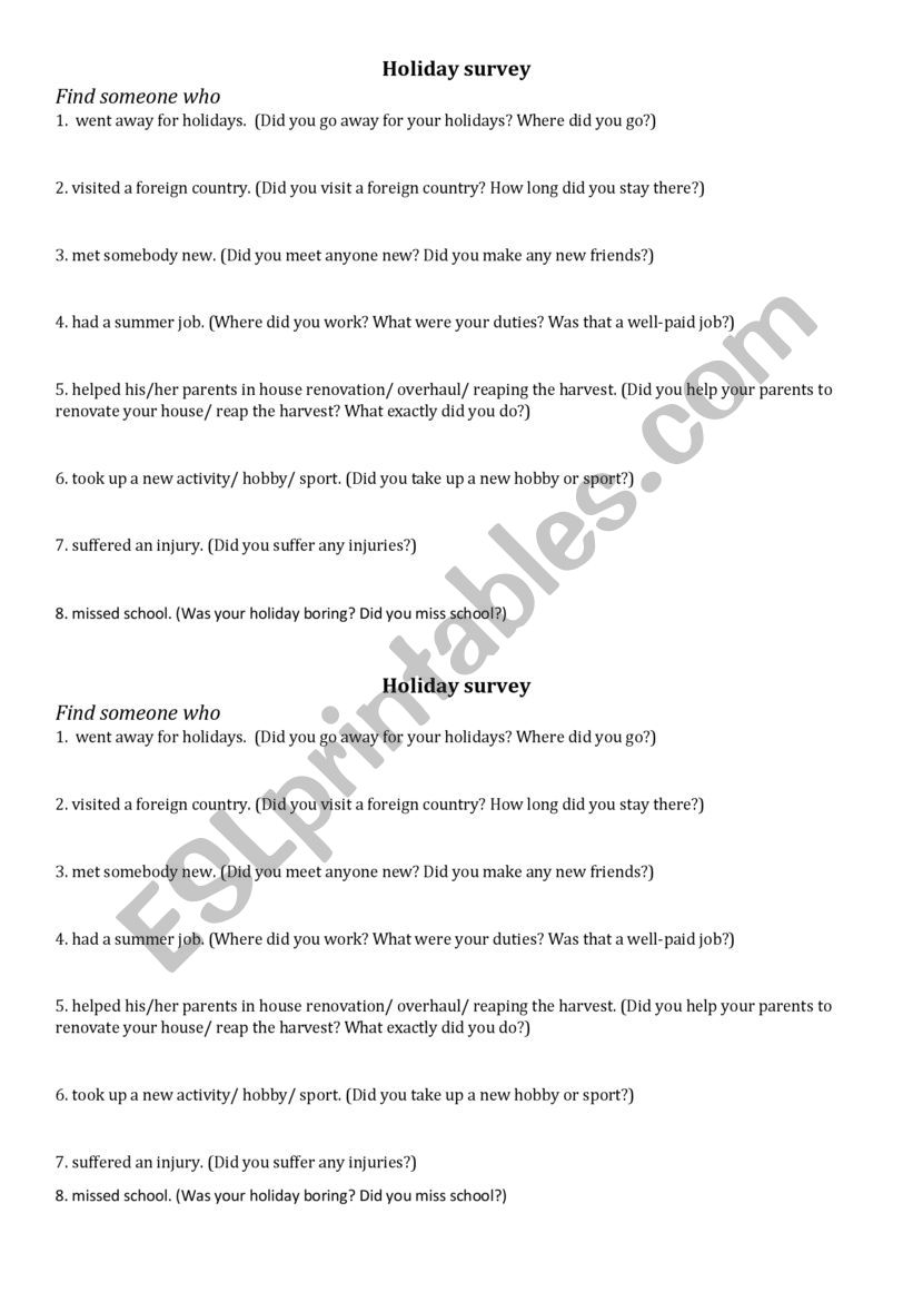 Holiday Survey  worksheet