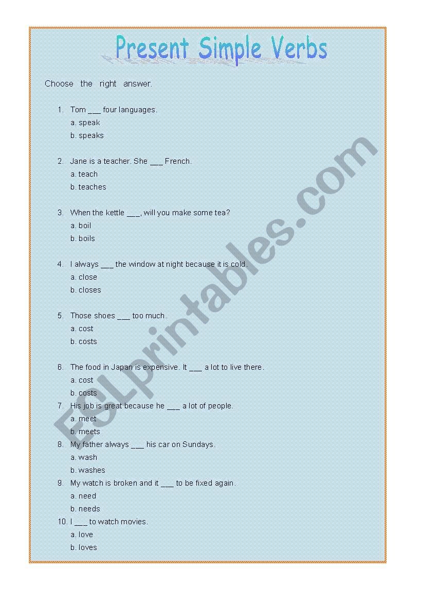 Present Simple Verbs worksheet