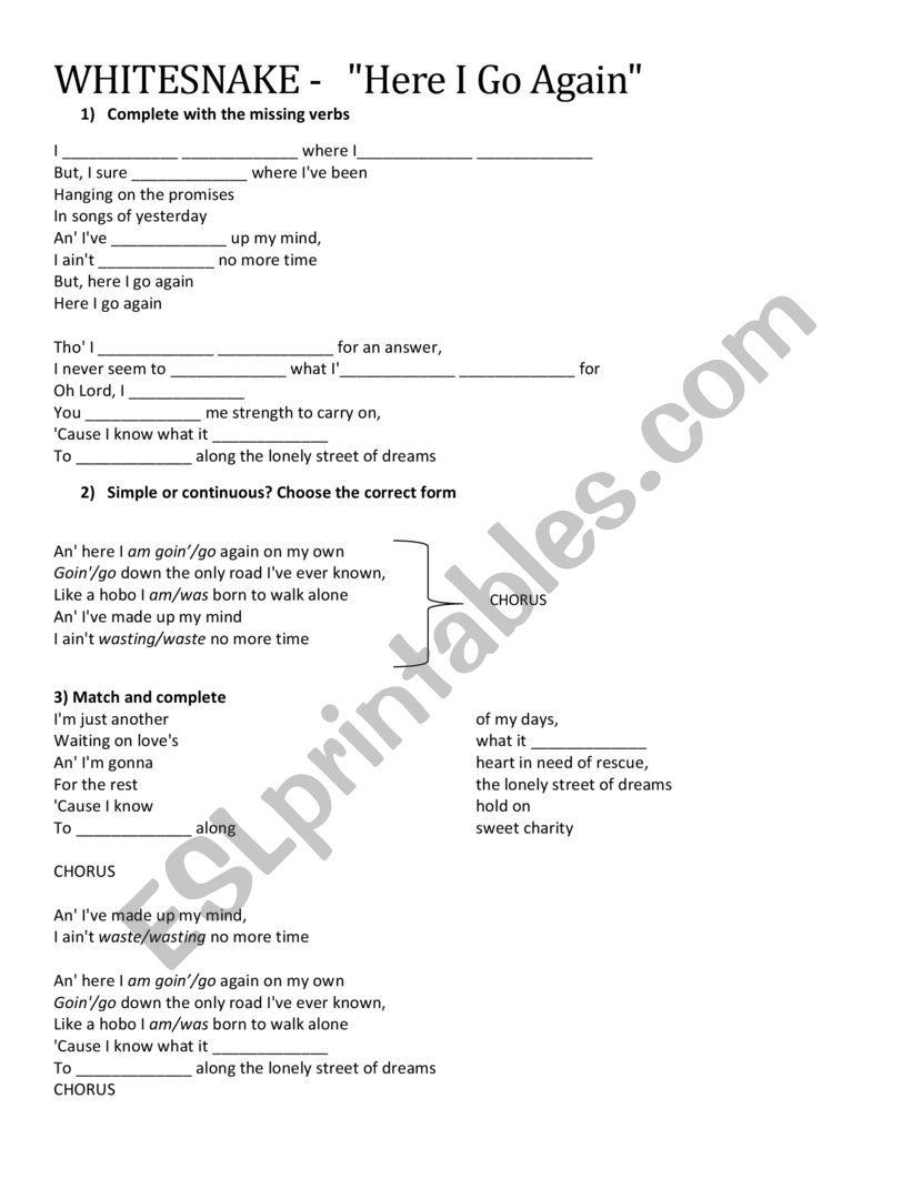 Whitesnake - Here I go Again  worksheet