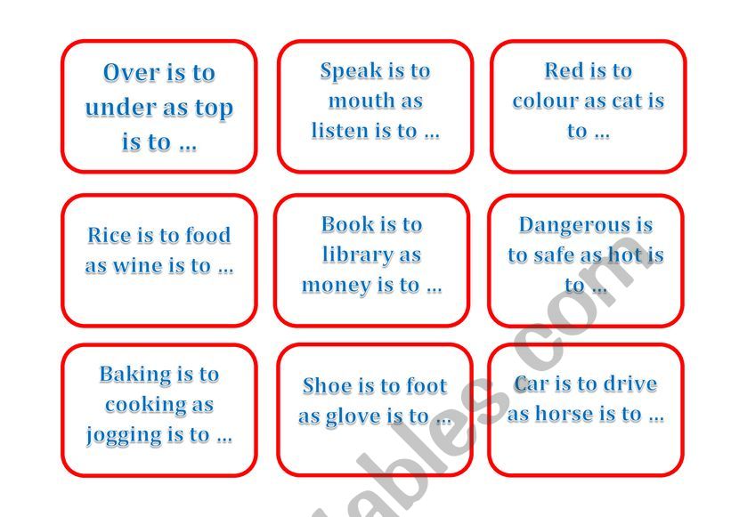 Analogies Card Game worksheet