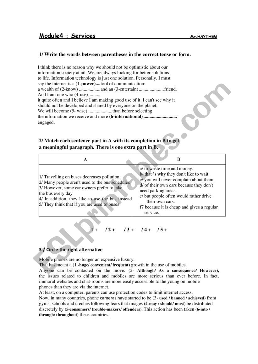 services worksheet