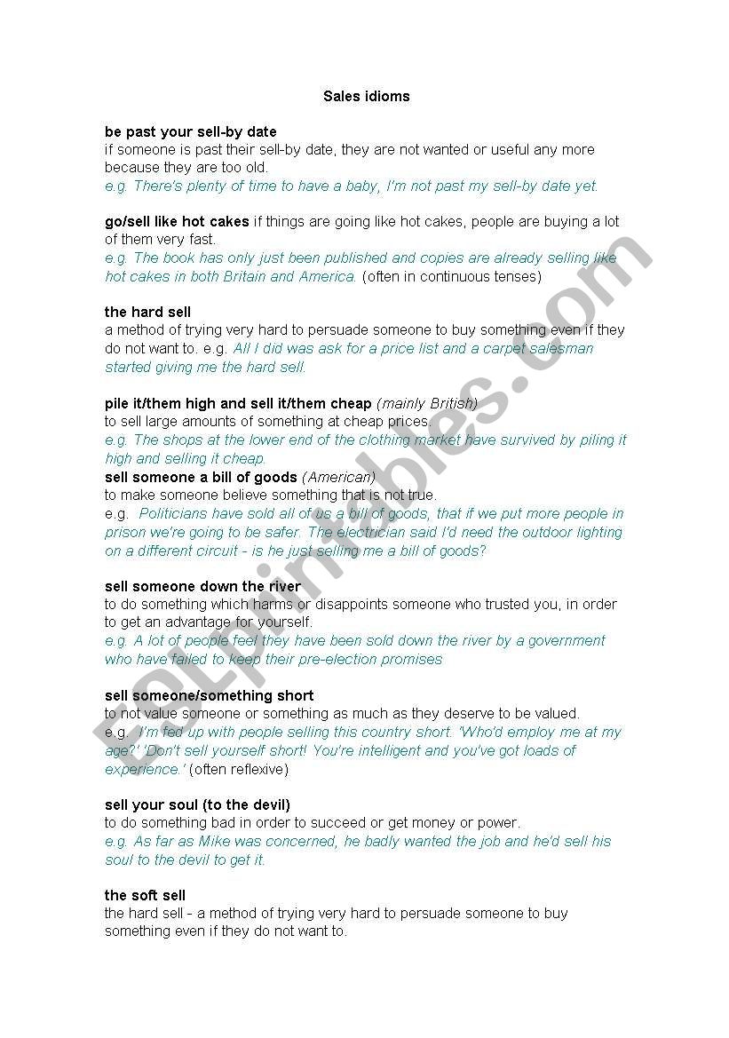 sales idioms  worksheet