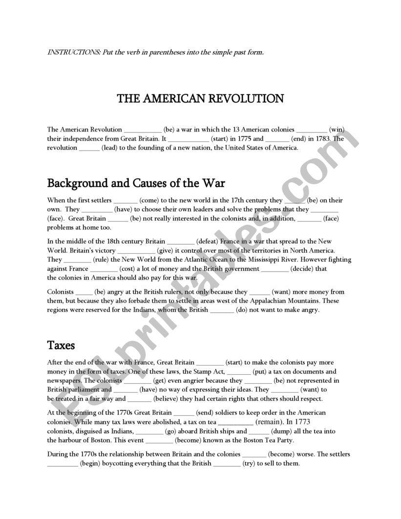 FILL IN THE BLANK SIMPLE PAST (HISTORY OF AMERICAN REVOLUTION)