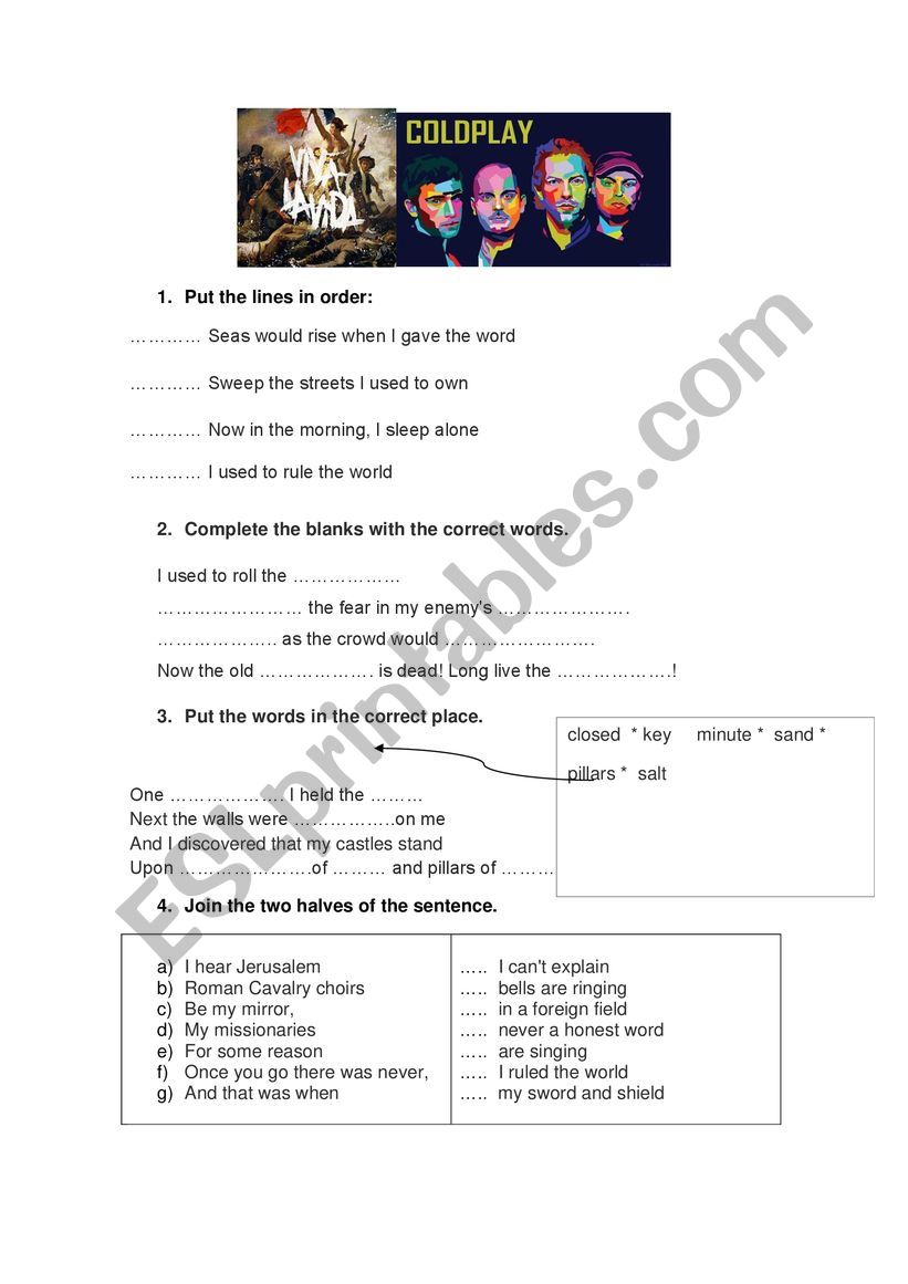 Viva la Vida Coldplay song worksheet