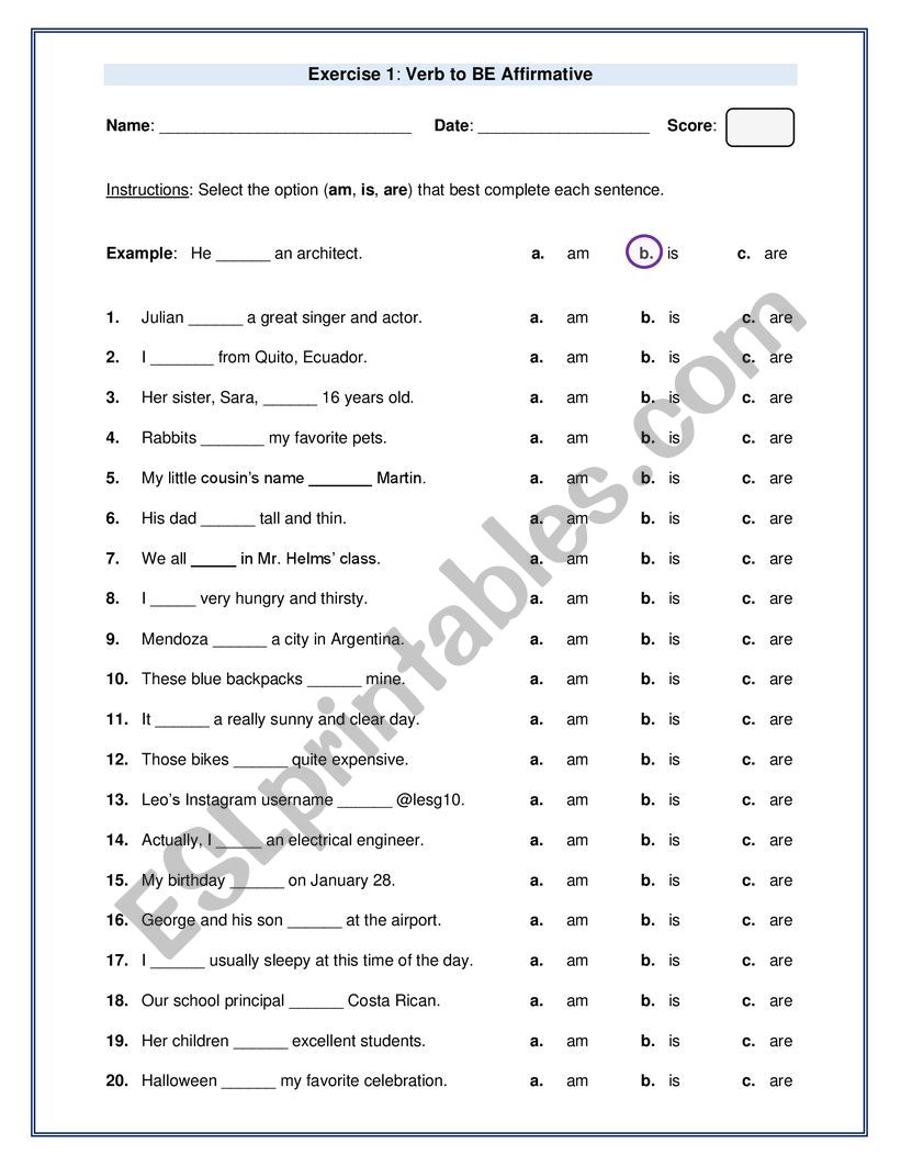 Verb BE Affirmative worksheet