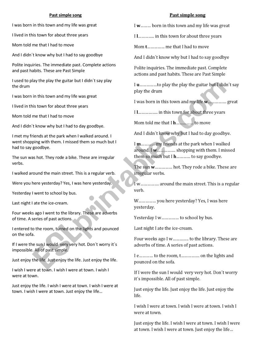 past simple song worksheet