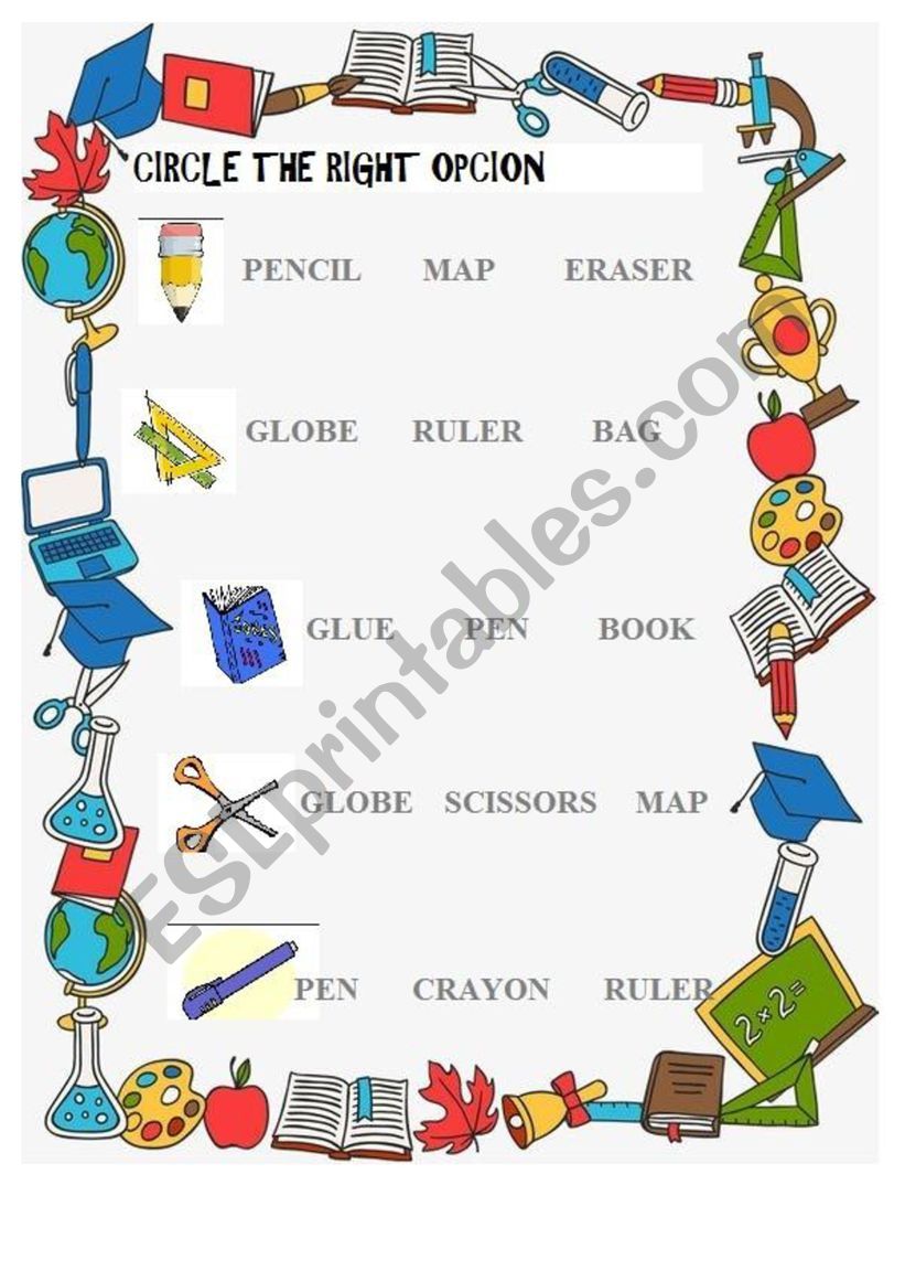 school objects worksheet