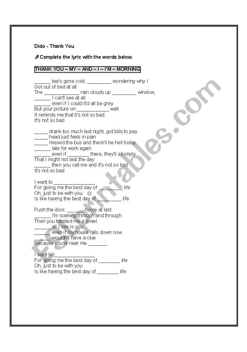 Dido Thank you worksheet