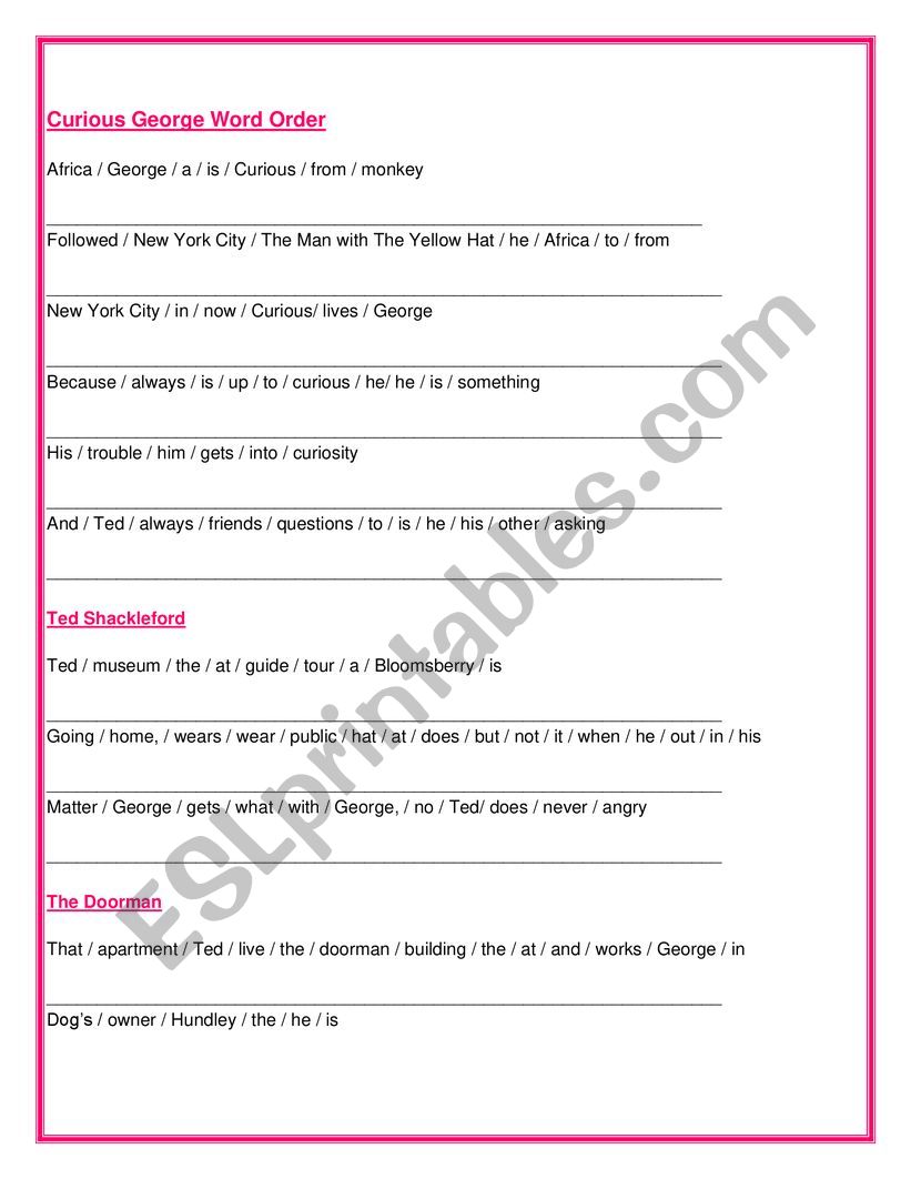 CURIOUS GEORGE worksheet