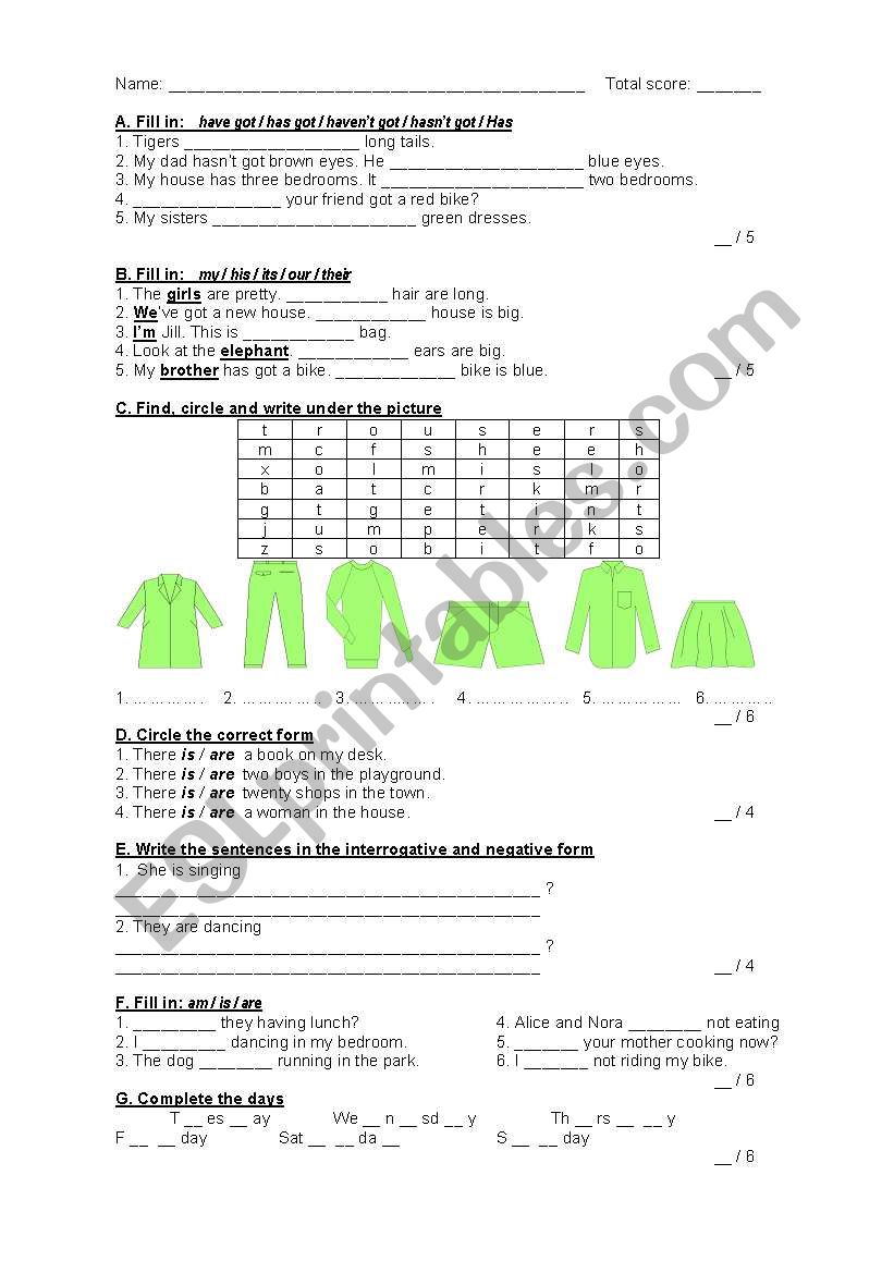 Revision Test worksheet