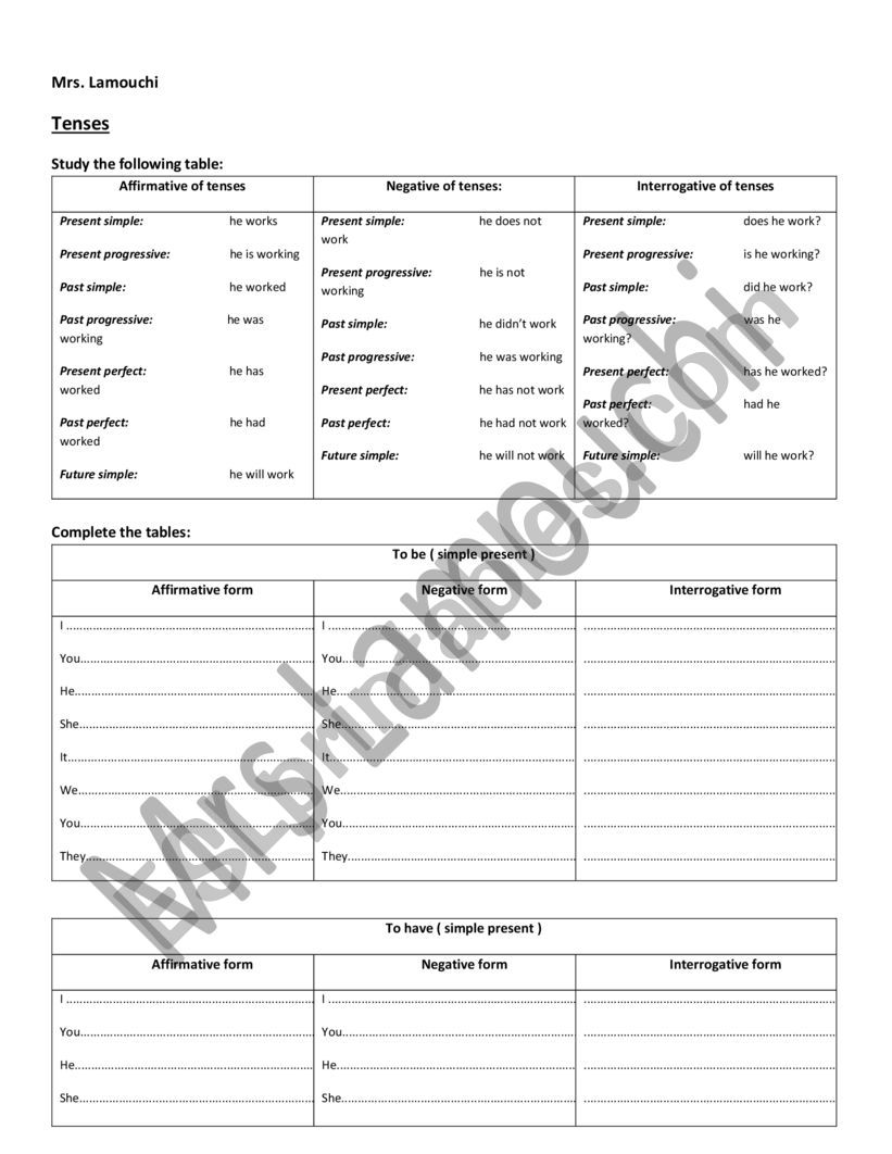 Tenses tasks with answer key worksheet