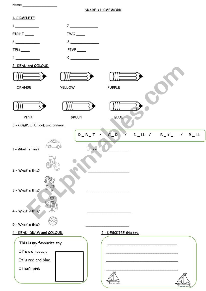 Toys, numbers and colours  worksheet