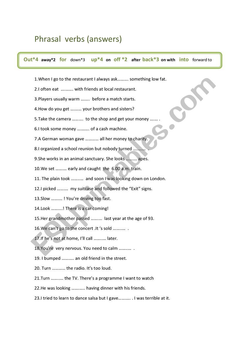Phrasal verbs wih answers worksheet