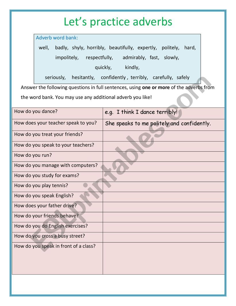 Adverbs Practice worksheet