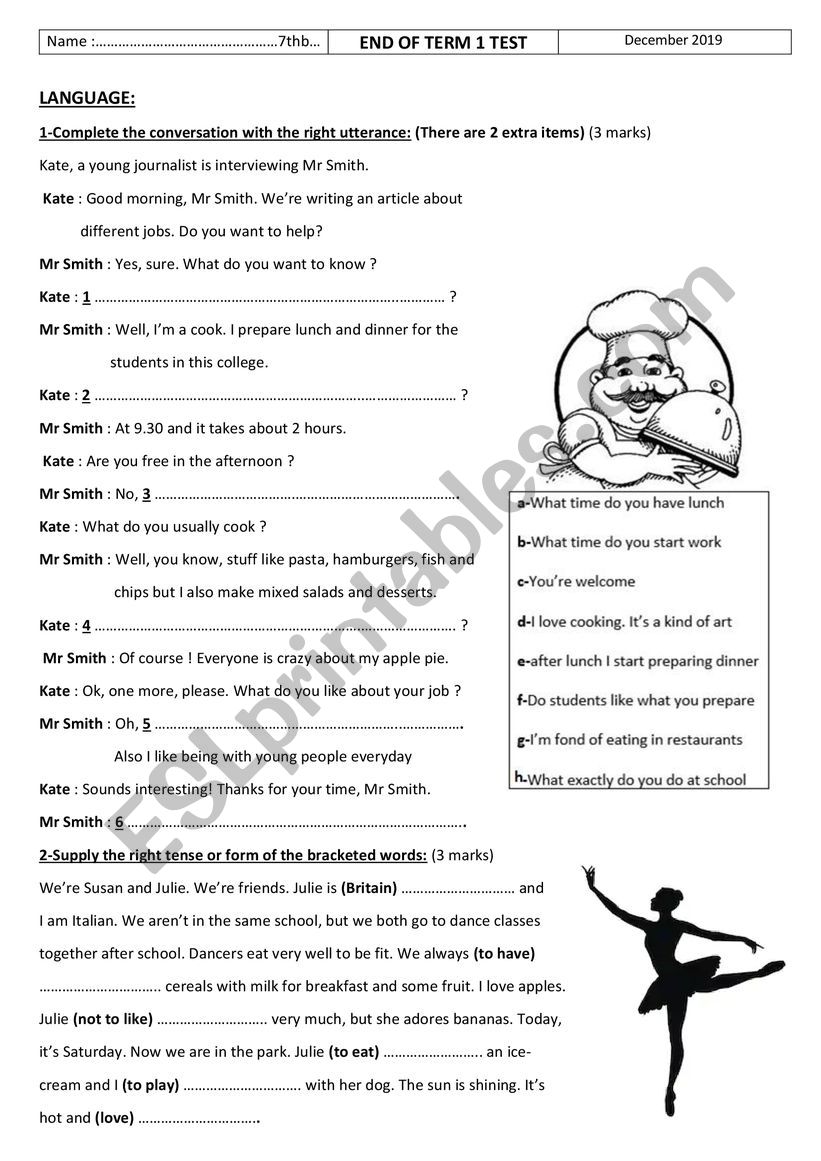 End of Term 1 Test for 7th form (Language + Writing)