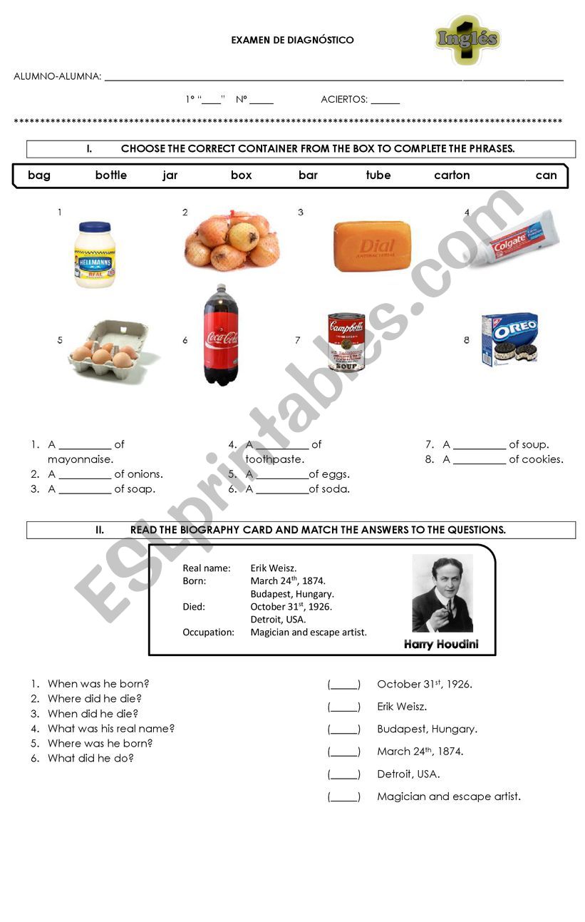 Diagnostic test worksheet