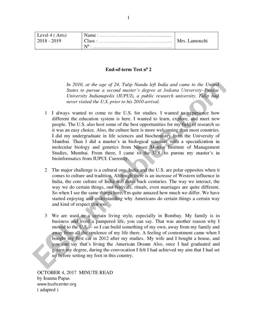 English Exam 2nd term level 4 worksheet