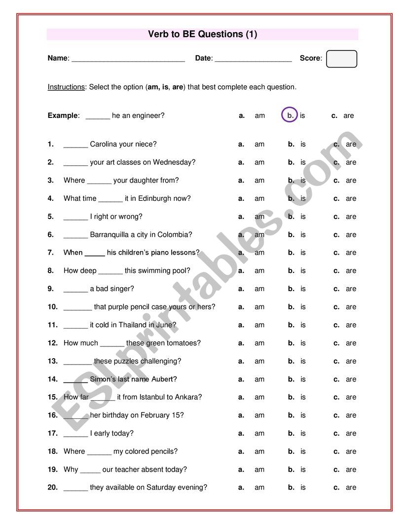 Verb To Be Questions English Worksheets