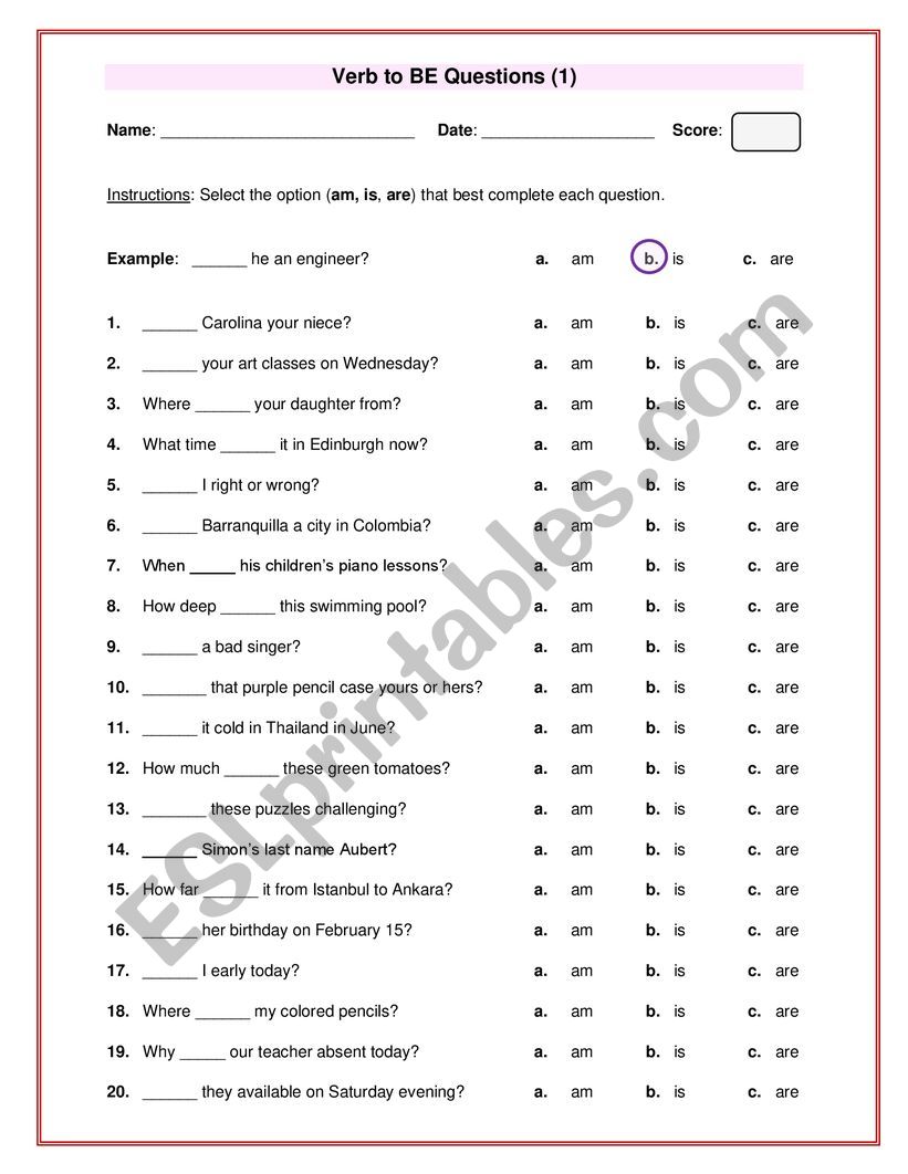 Be Verb Questions Worksheet