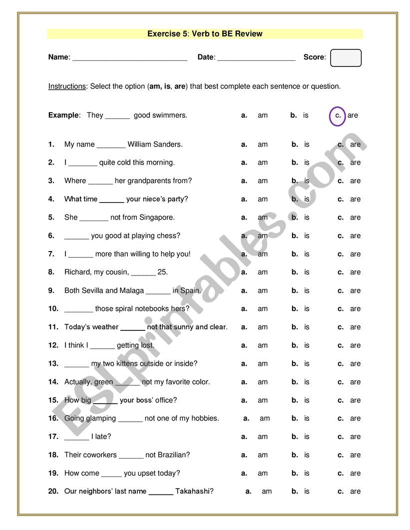 Verb BE Review worksheet