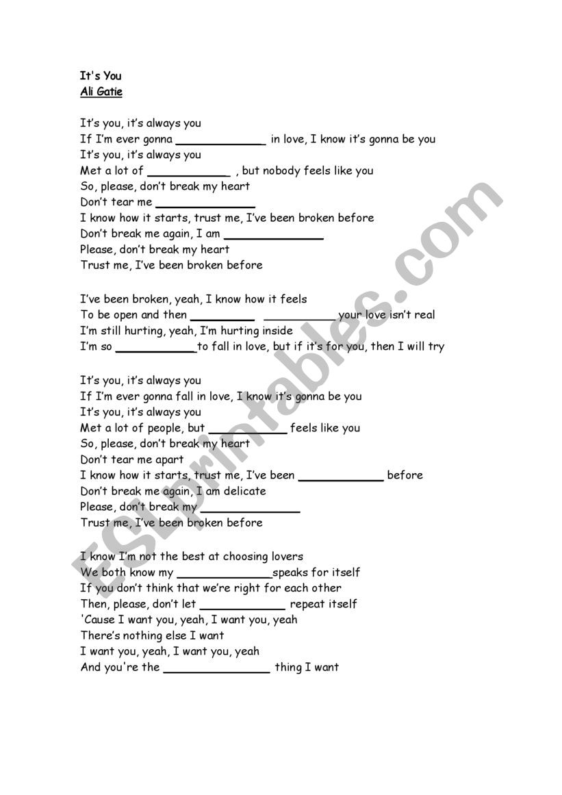 ItÂ´s you - Ali Gatie worksheet