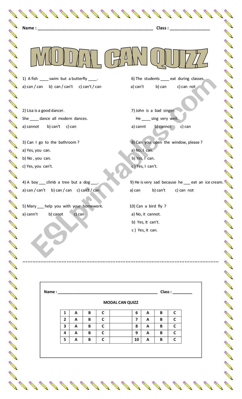 Modal can Quizz worksheet