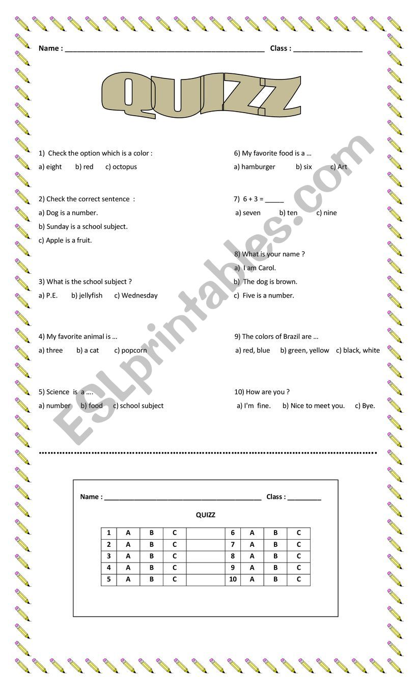 Quizz worksheet