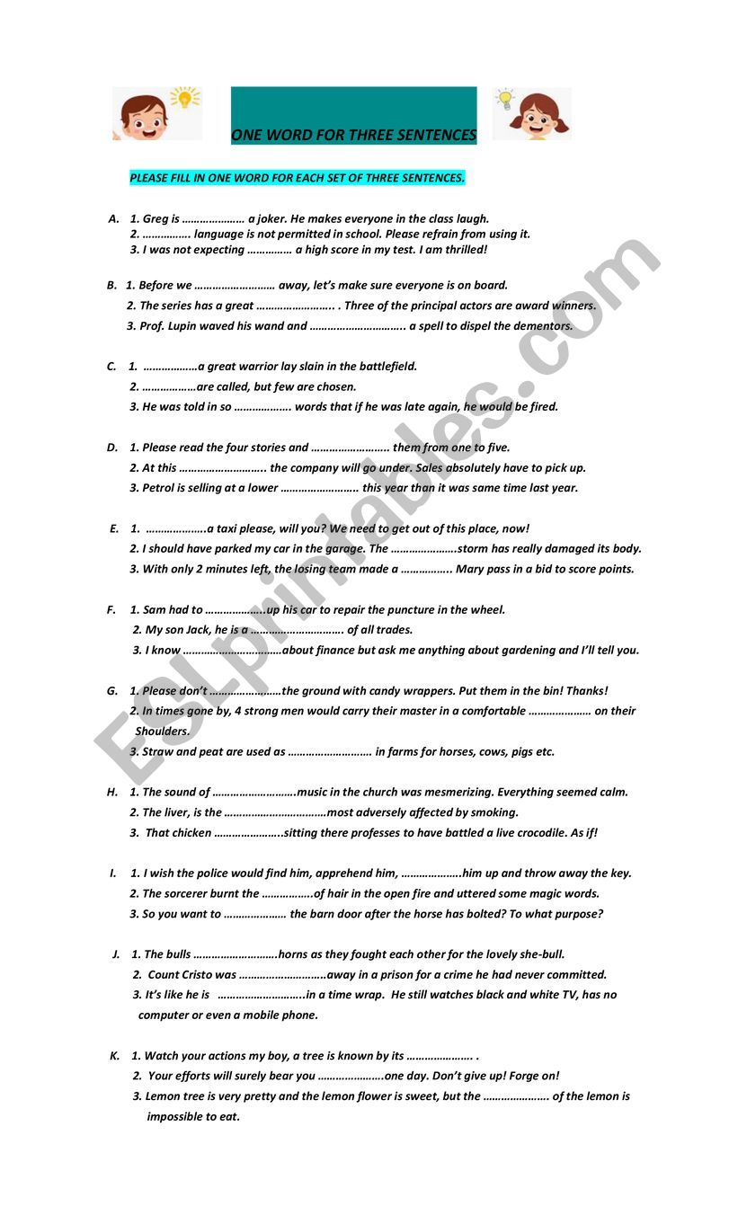 THREE BLANKS ONE WORD worksheet