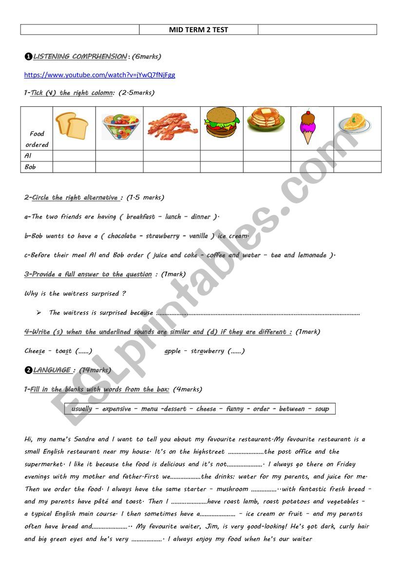 Mid Term 2 Test for 7th from (Listening + Link + Language)