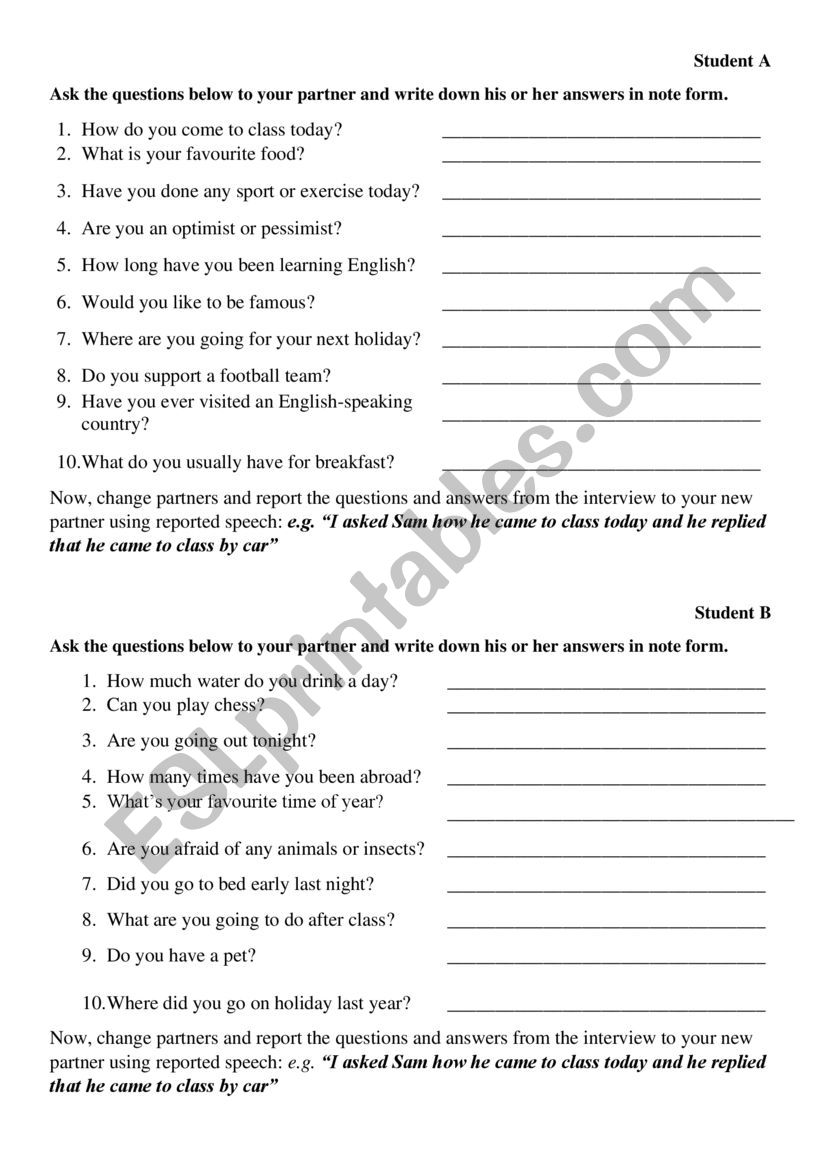 Reported speech (pair-work) worksheet