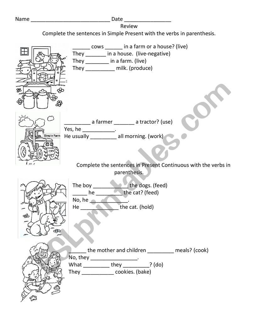 Review simple present and present continuousl.
